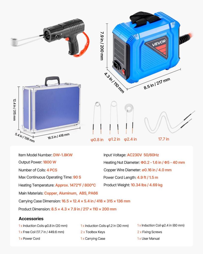 Induction Heater Bolt Removal, 1800W 230V Magnetic Induction Heater Kit, Handheld Nut Buster Tool, Mini Heating Machine for Rusty Screw Removing, Car