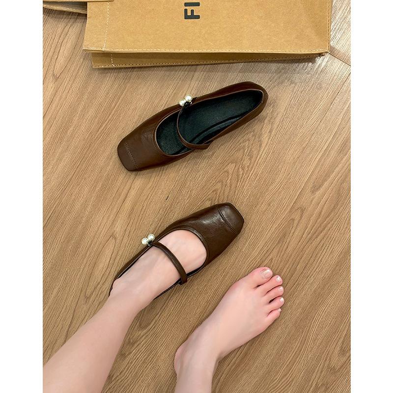 Black Pearl Square Head Flat Shoes French Gentle Evening Shoes Women's Retro Mary Jane Shoes