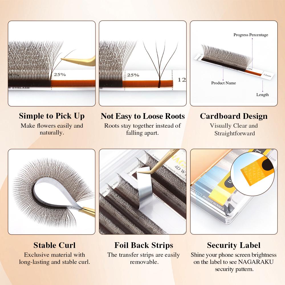NAGARAKU Castanho Castanho Escuro 3D/4D/5D Forma W Ventiladores Pré-feitos Ondulados à Mão Extensões de Pestanas Pestanas Completas Naturais Suaves Leves Fosco Densos