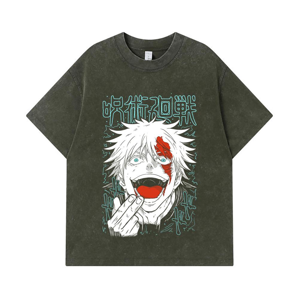 

Стиранные футболки 275 г/м² 100% Хлопок Jujutsu Kaisen V1 Принт Годжо Унисекс Тяжелая хлопковая футболка S армия зеленый