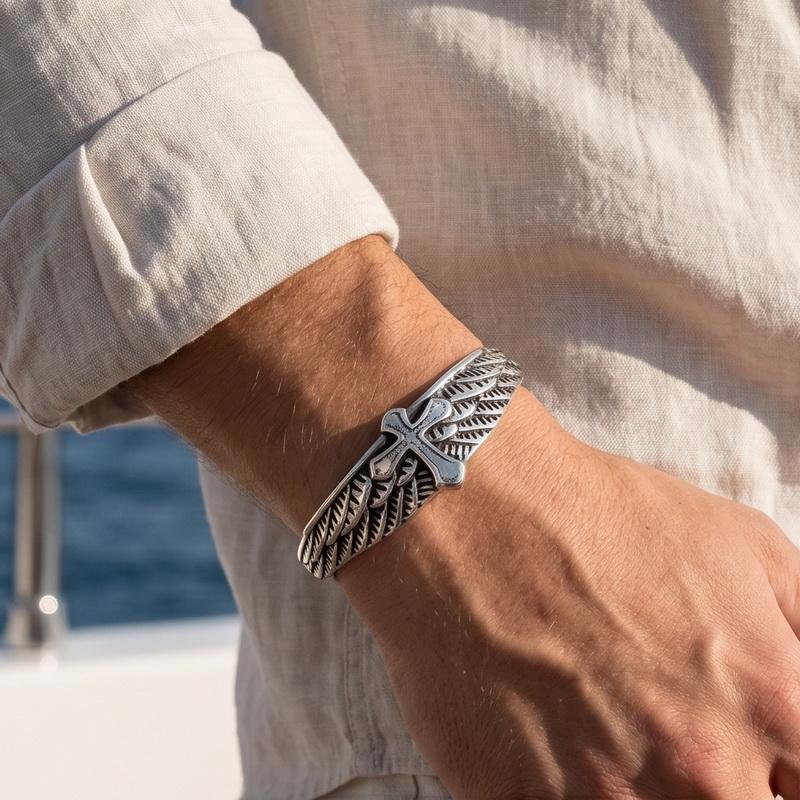 Vintage Stainless Steel Wide Open Cuff Bracelet for Men Eagle Skull Cross Angel Wing Feather Bangle Gothic Jewelry Gifts