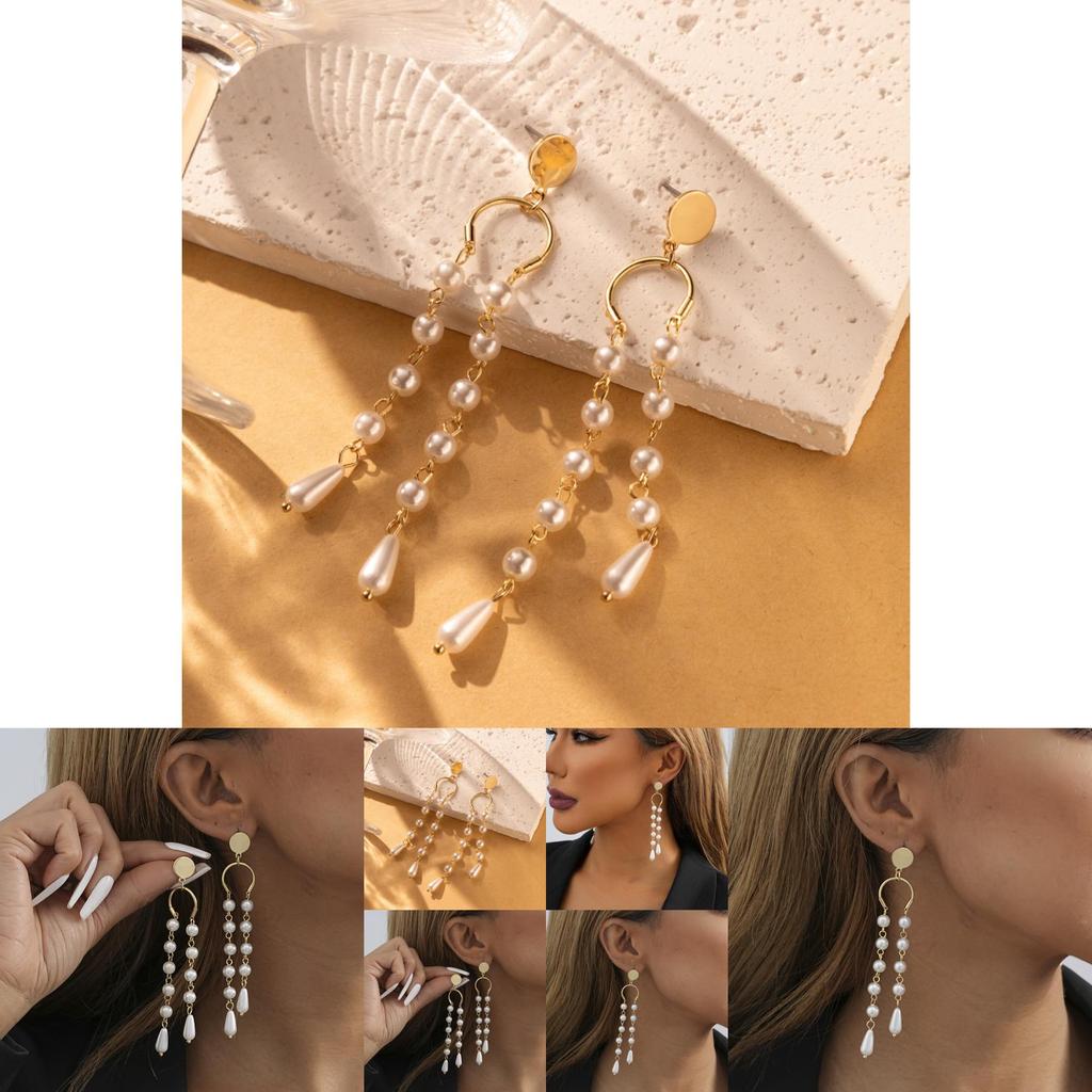 Trendy Faux Pearl Dangle Earrings With Gold Plated Asymmetric Tassel Design