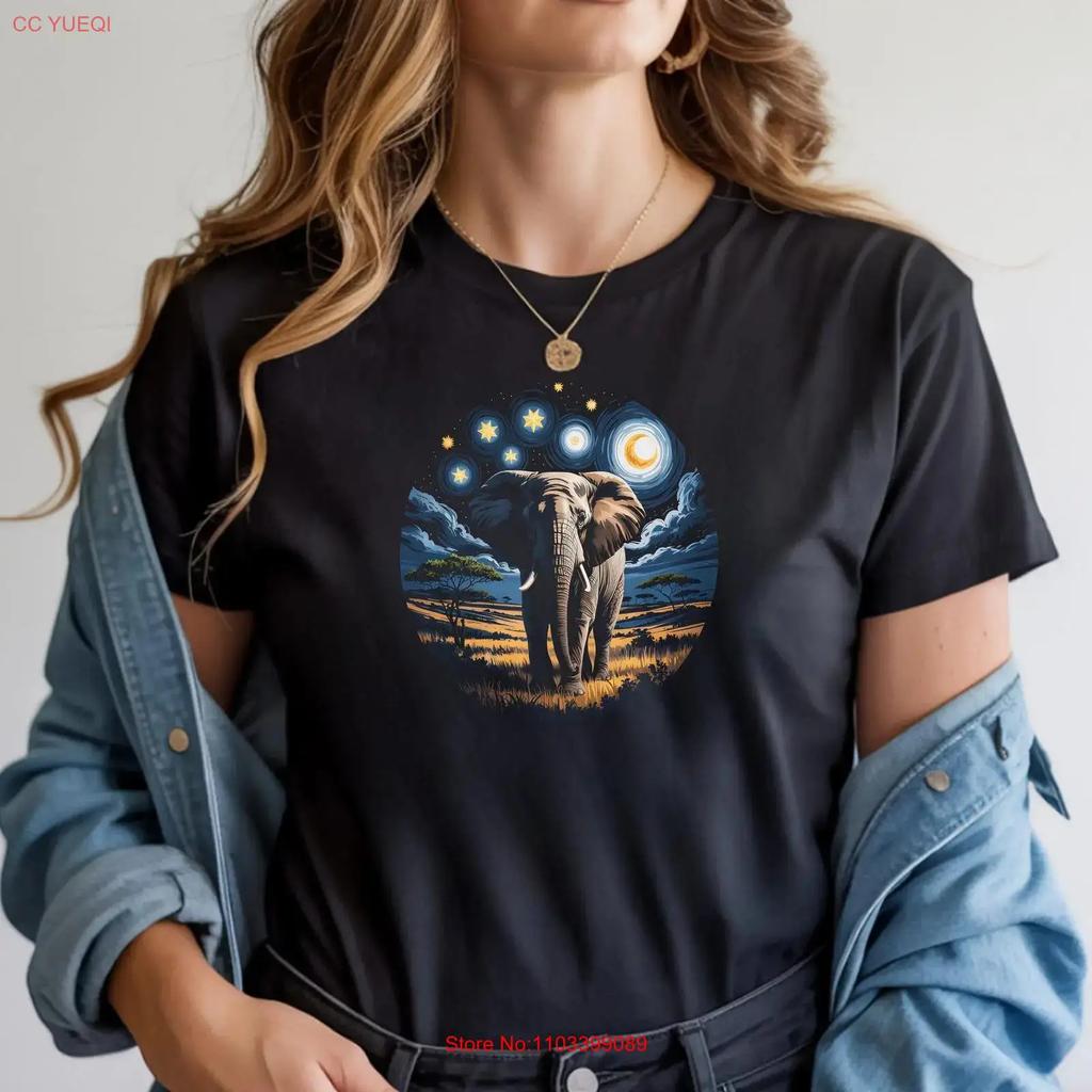 Elephant Art T Shirt Celestial Savanna Starry Night Moon Top Artistic Nature Wildlife Animal Apparel Vintage Stretched