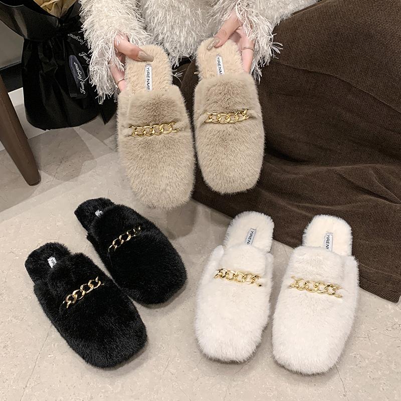 Fashion Women Slippers 2024 Autumn/winter Plush Fluffy Slippers New Korean Outdoor Fashion Cotton Shoes Metal Decorative Warm Flat Shoes