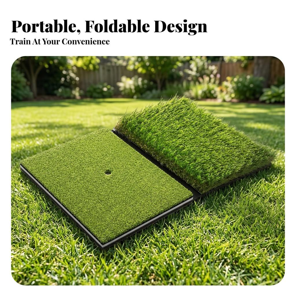 Foldable Golf Hitting Mat Tee Hole Dual Turf Layered Base Practice Tool