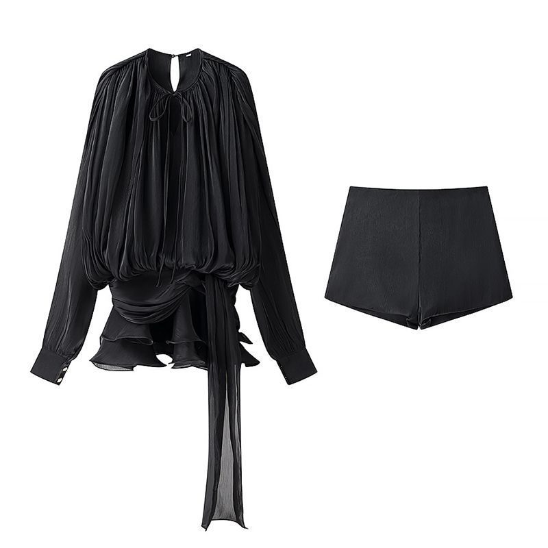 

Bright Twilight French style Socialite Style Design Sense Pleat Frill Ribbon Dress + Shorts Fashionable Two-piece Set Black L