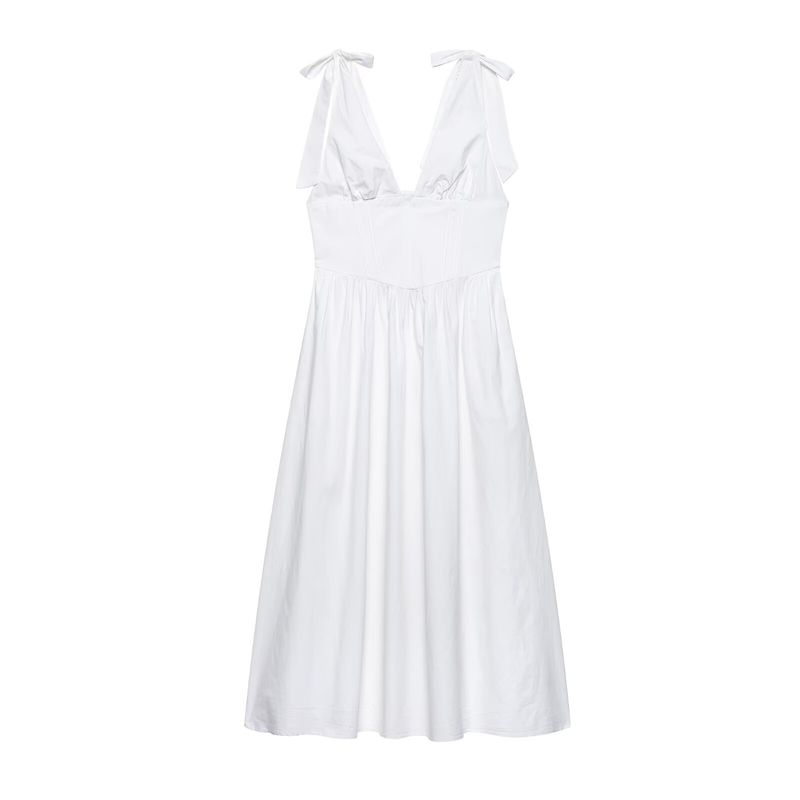 

Kaslead New Women clothes Western Style Fashion Bowknot Decoration Poplin Midi Dress 0881334 White L