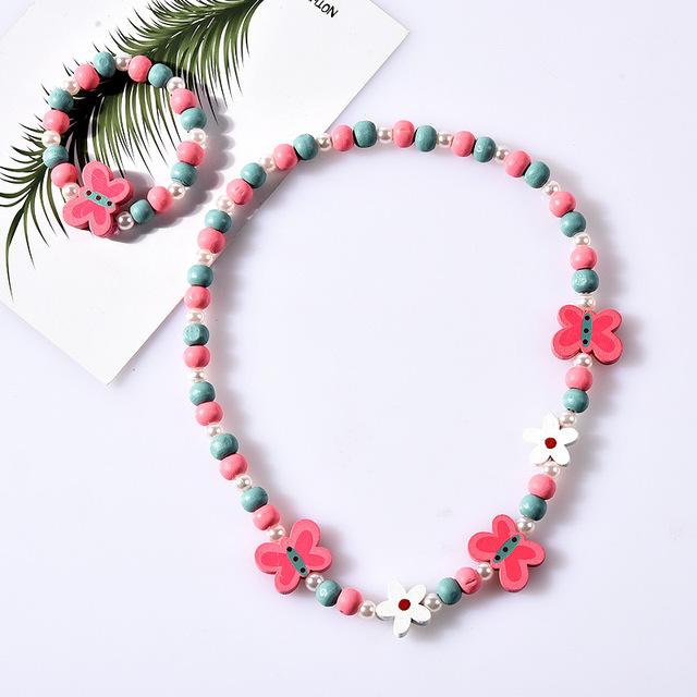 2pcs/Set Fashion Natural Wood Beads Jewelry Cute Animal Pattern Necklace Bracelet For Children Party Jewelry Girl Birthday Gift