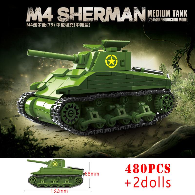 US Army Military World War WW2 M4 Sherman 75 Medium Tank Building Blocks Stuart Tank Bricks Educational Toys for Kids Gift
