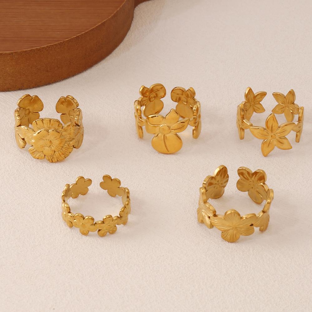 European & American Design Stainless Steel Flower Open Ring - Gold Flower Accessories for Women