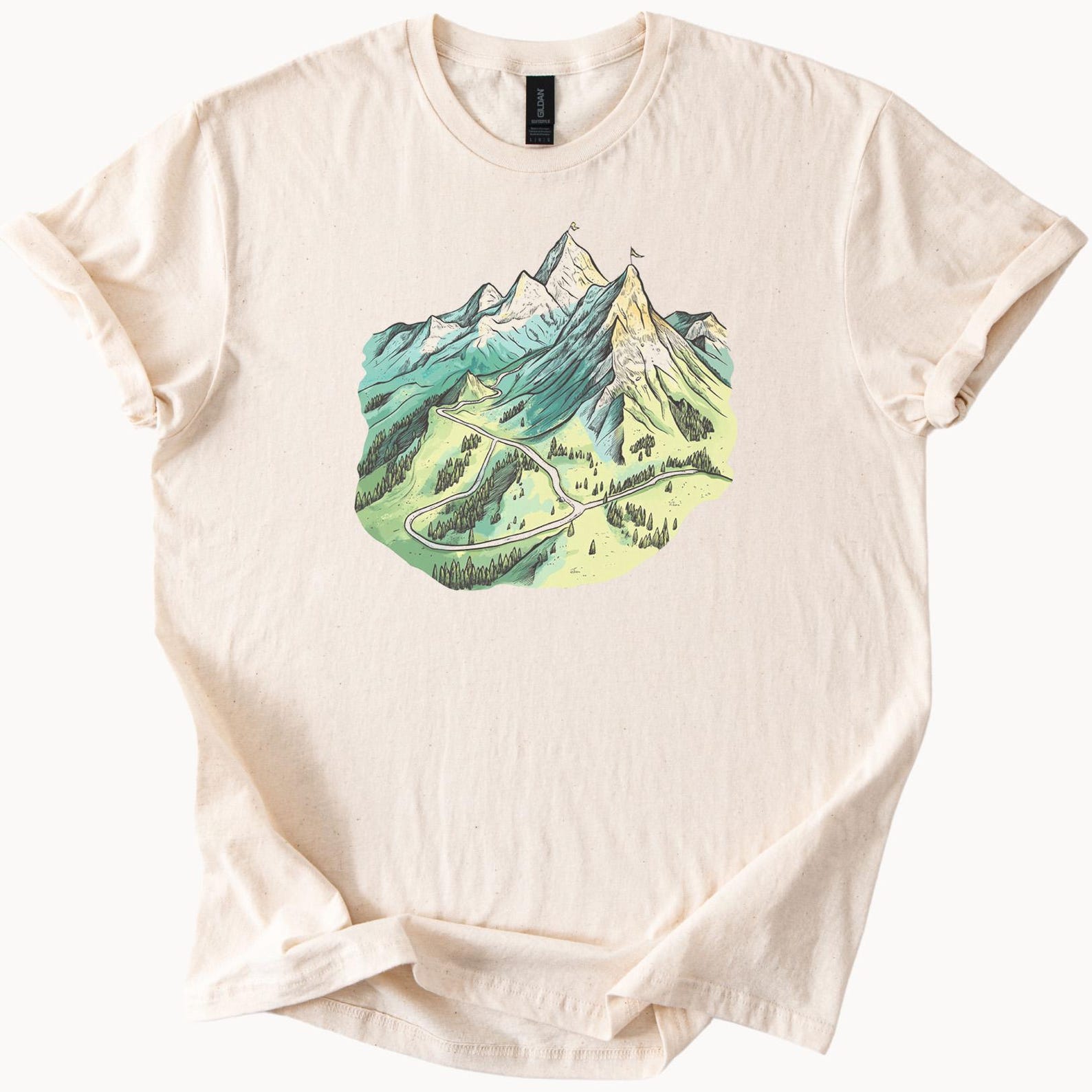 Mountain Range Graphic T Shirt Scenic Nature Landscape Tee with Road and Forest Outdoor Adventure Hiking Travel Shirt Gift 130