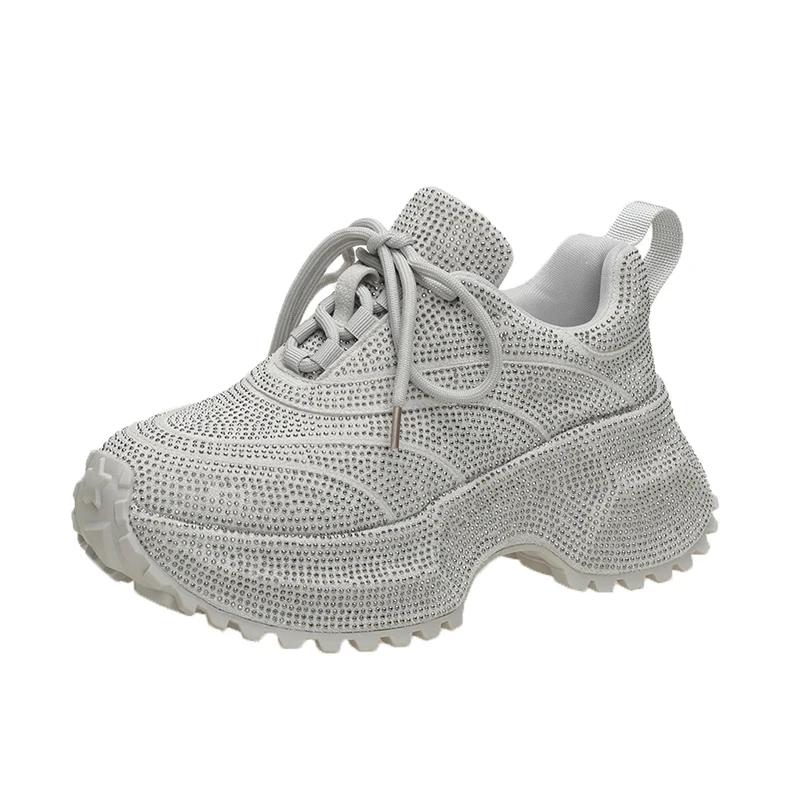 Fashion 7cm Summer Luxury Designer Women Daddy Rhinestone Sneakers Thick Bottoms Mesh Pink Sweet Ladies Tenis Platform Shoes Spring
