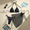 Conjunto de Maiô 3 Peças/Conjunto Halter Almofadas no Peito Sutiã Sem Aro Calcinha de Natação Saia Cover Up Conjunto Biquíni Cortado Maiô de Rede