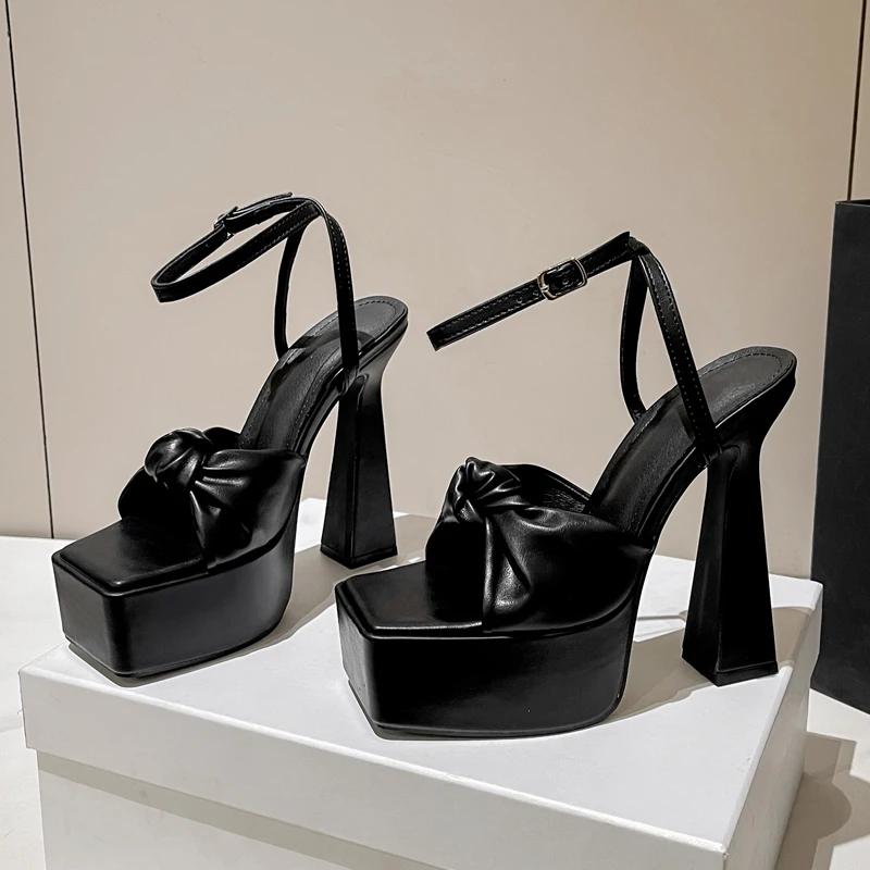 Fashion Eilyken Designer Pleated Square Toe Sandals Women's Banquet Party High Heels Shoes Fashion Platform Buckle Strap Pumps