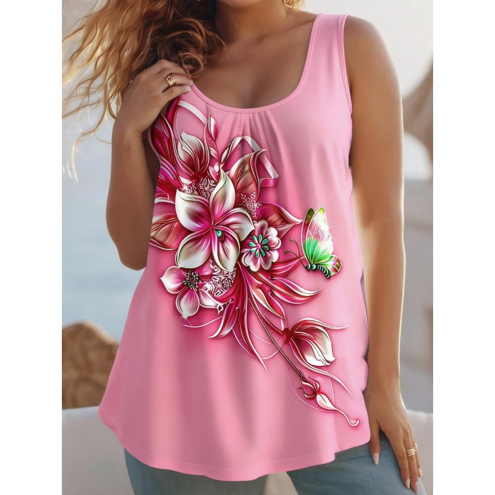 Summer Women's Large Size 3D Printing Flowers Animals Vest Loose Fashionable Comfortable Soft Breathable O Neck Sleeveless Vest