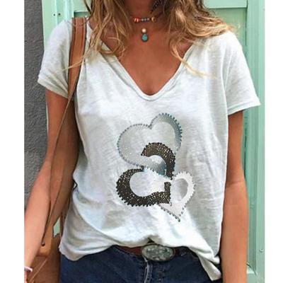 Fashion Spring  Love Print Blouses Short Sleeved V-Neck T Shirts Casual