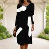 Women Plus Size Round Neck Long Sleeve Black Printed A Line Dress