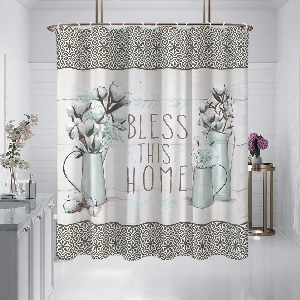 1PC cotton vase home pattern printed shower curtain, waterproof and washable, with 12 hooks, bathroom shower, bathtub, home use