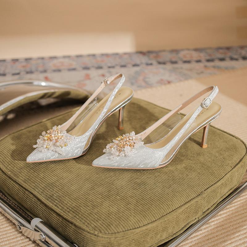7520-2 [sheepskin] high heels women's thin heels 2025 new pointed temperament crystal wedding shoes empty sandals