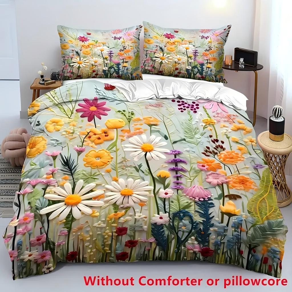 Color Oil Painting Floral Leaf 3D Print Quilt Cover Color Oil Painting Style Comfortable Spring Natural Bedding Cover Pillowcase
