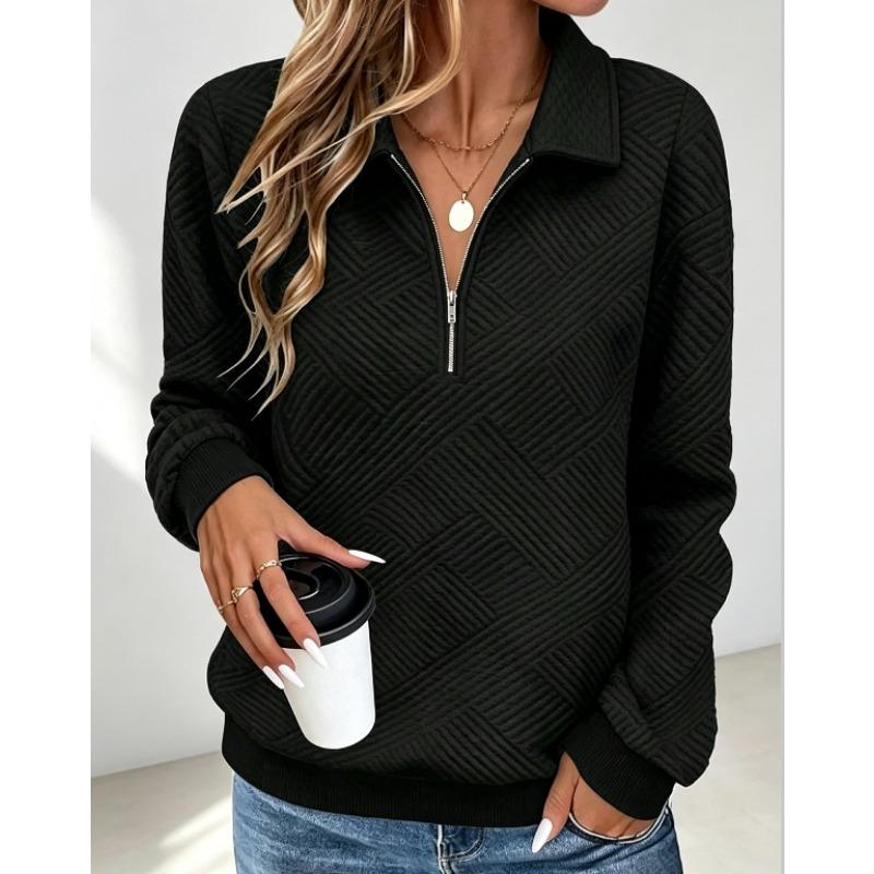 Casual Women S Loose Fit Long Sleeve Half Zip Polo Neck Solid Color Sweatshirt