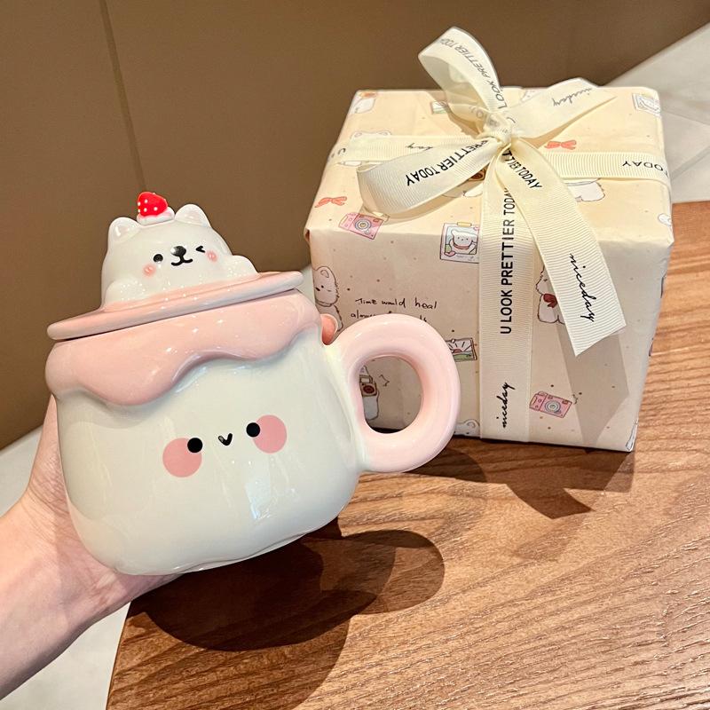Gift Super Cute Pudding Mug Household Ceramic Water Cup with Lid Spoon Coffee Cup Souvenir