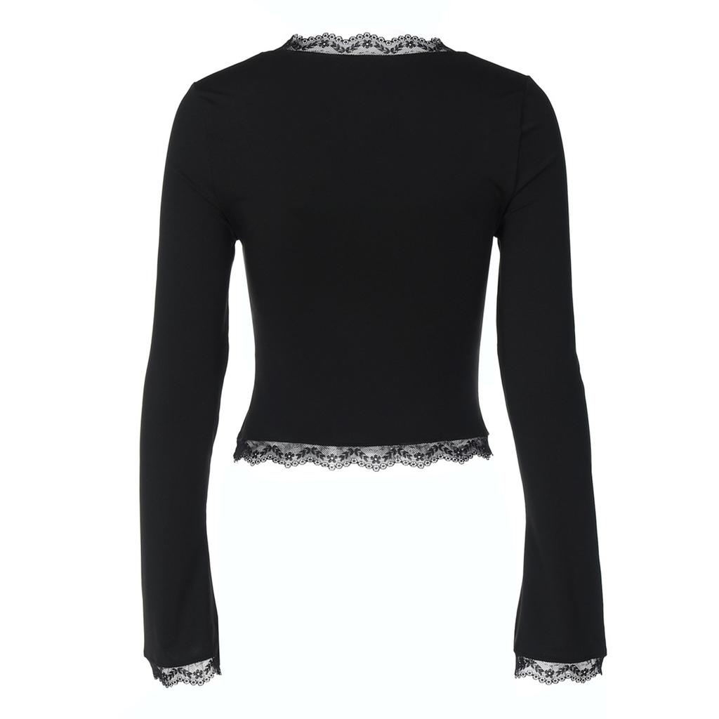 Women's Fashionable Lace,trimmed Square Neck Long,sleeved Slim,fit Versatile Top