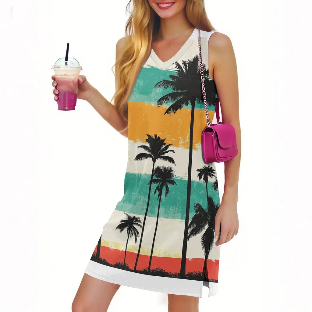 Women's Casual Fashion Sexy V-neck Sleeveless Floral Print Hem Slit Dress