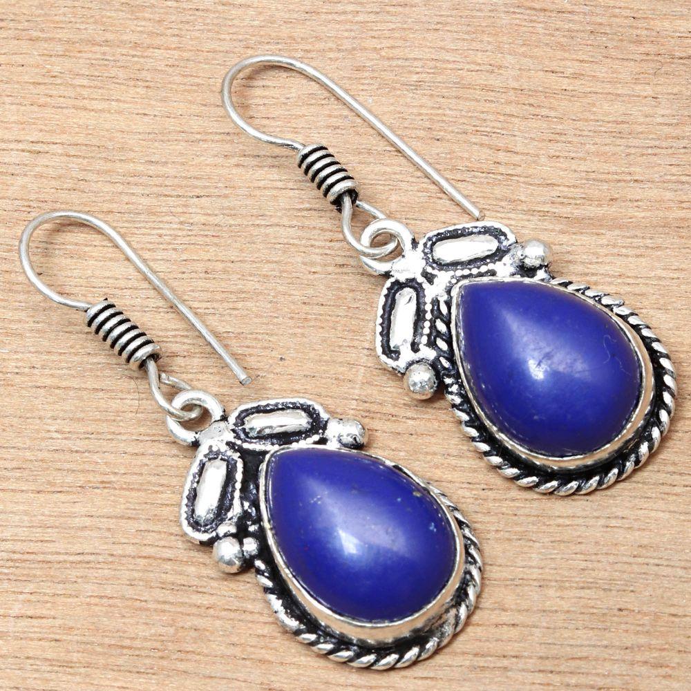 Blue Chalcedony Gemstone Handmade Gift For Her Silver Jewelry Earrings 1.5''