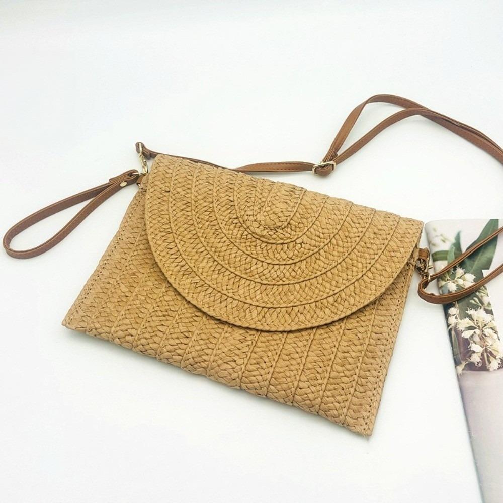 New Woven Texture Straw Crossbody Bag Hair Ball Pendant Envelope Shape Envelope Clutch White Khaki Shoulder Bag Travel Outing