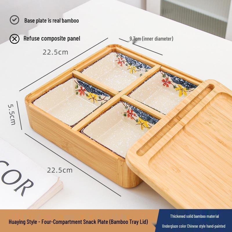 Japanese Bamboo & Wood Snack Box - 4-Compartment Plate for Pastries, Nuts, Seeds, & Dried Fruit