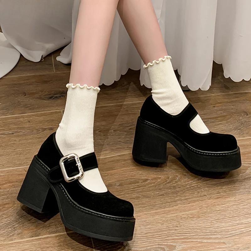 Fashion 9CM High Heel Women Mary Jane Shoes Fashion Belt Buckle 2025 Spring Autumn Platform Single Shoes