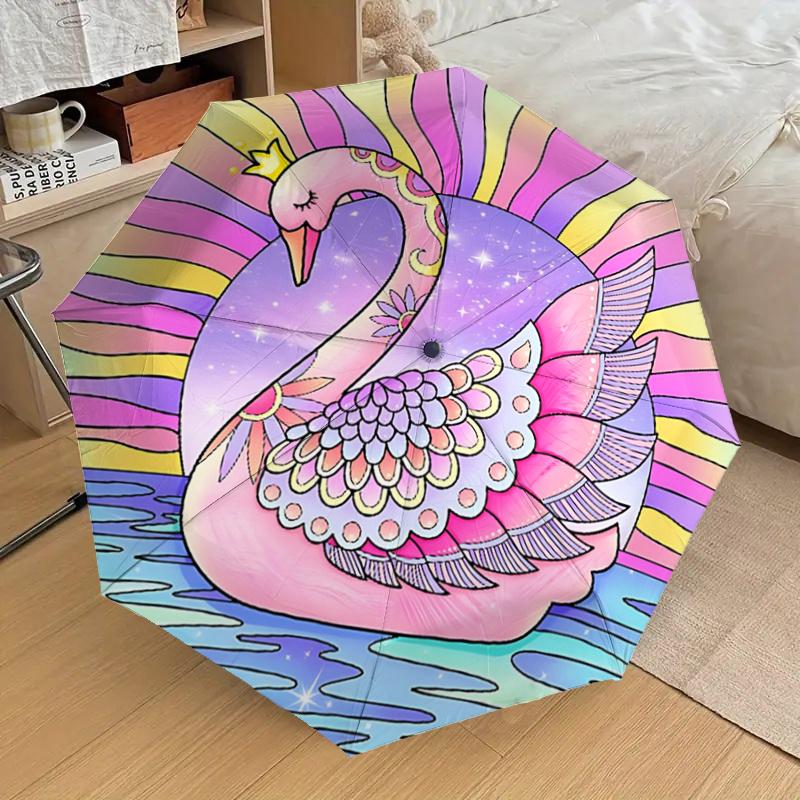 Magical Swan Auto-Folding Umbrella: Rainbow Fantasy Design, Portable 3-Fold Structure with Iron Frame, Perfect for Festivals, Travelers, Dai
