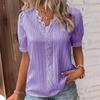 Women's Summer New Vacation Fashion Blouse V Neck Hollow Out Lace Trim Puff Short Sleeve Casual Textured Women's Shirt Top