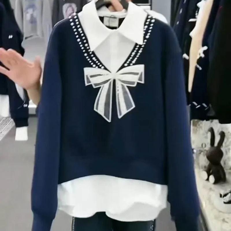 

Женский модный и стильный высококачественный свитшот из бархата с имитацией двух частей и бисерным бантом. Лоскутный топ. L синий