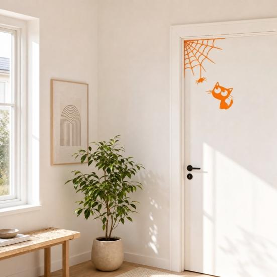 3D Printed Spider Web Cat Wall Decor, Orange Halloween Hanging Ornament, Spooky Cute Spider Cat Figure for Home Party Decoration