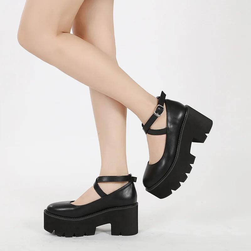 Fashion 8cm Heels Spring Thick Bottom Fashion Cross Belt Simple Single Shoes and American Style Sexy Muffin Women Shoes