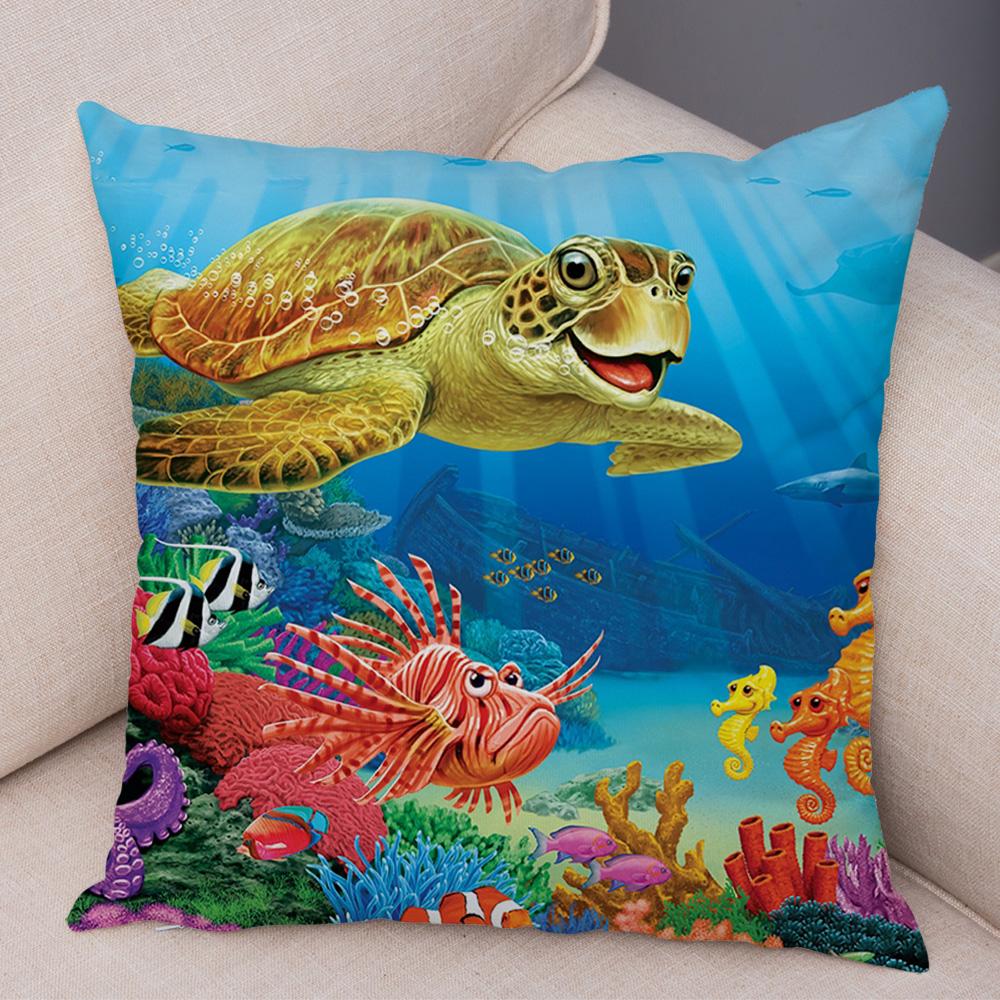 Marine Turtle Dolphins Shark Cushion Cover Short Plush Decor Colorful Ocean Animal Pillowcase Pillow Case for Sofa Home Car