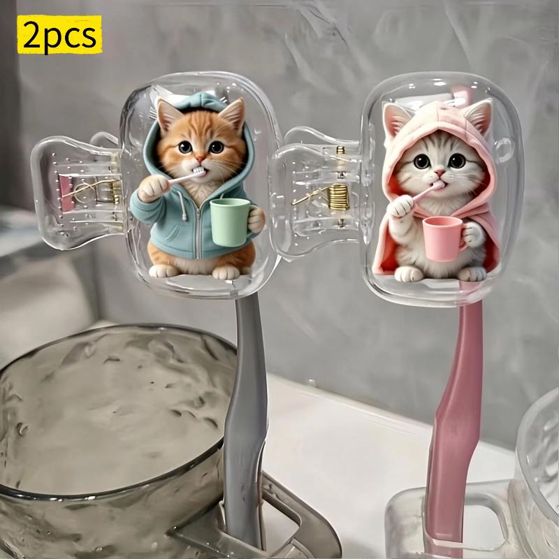 2Pcs Dust-Proof Waterproof Cat Toothbrush Cover Kitten Dog Printed Transparent Toothbrush Holder Portable Toothbrush Head Cover