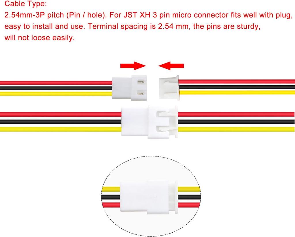 Set of 20 Pairs JST XH 2.54 3-Pin Connectors with 150 mm 22AWG Cable – Male and Female Plug for Electronic Projects, Lipo Batteries