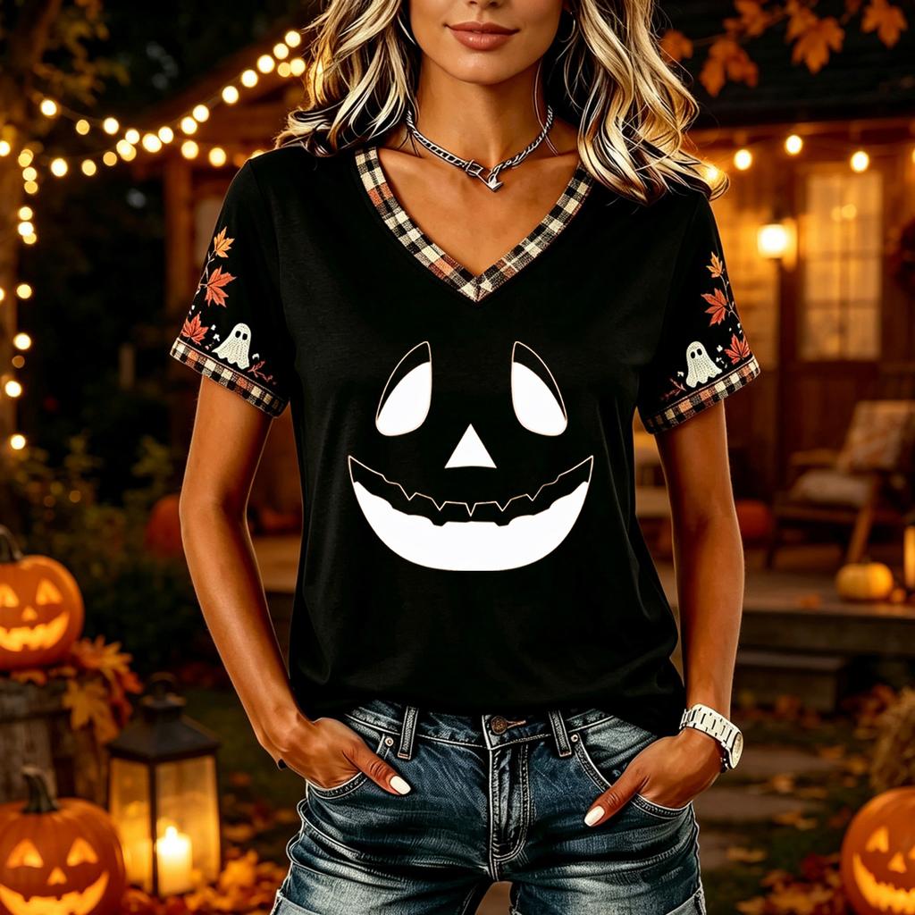 Tricouri Femei Halloween cu Decolteu în V Top cu Dovleac Tricou Casual Top pentru Petrecere de Sărbătoare