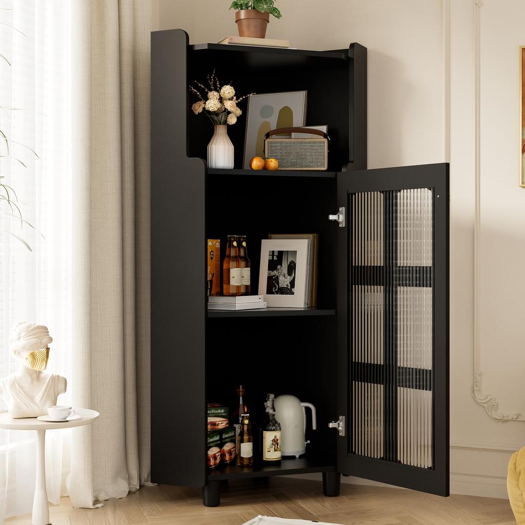 Black Corner Cabinet with Lacquer Finish & LED Lighting – Corner Dresser with App Control, for Living Room, Bookshelf, Bathroom (63.5*124 cm, Black)