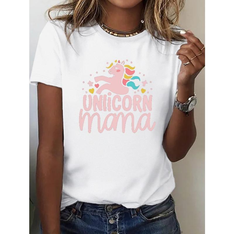 

Women s Pure T-Shirt with Unicorn Mama Typography & Geometric Print - Comfort Fit Round Neck Casual Casual Attire Suitable for - Wear S белый