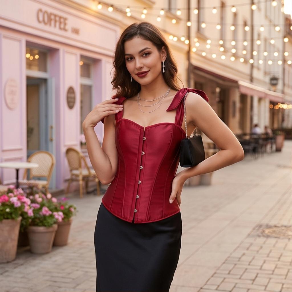 Women's Adjustable Double Strap Corset Top Shapewear with Boning and Lace-Up Back
