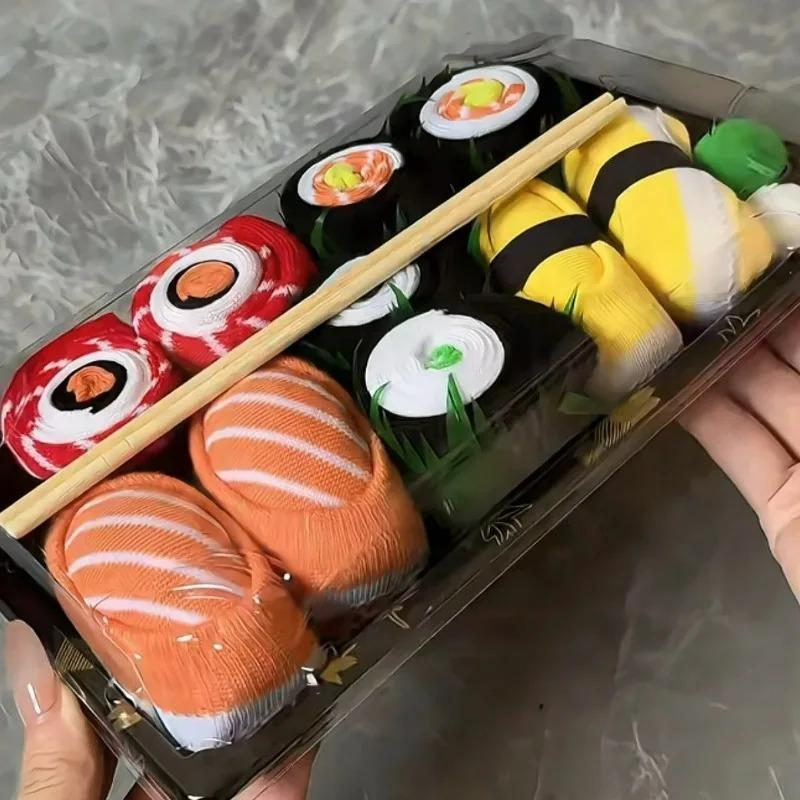 3Pairs/box Novelty Fun Colorful Sushi Gift Box Mid Calf Socks Men Women Comfortable Breathable for Friends Lovers Parties Casual