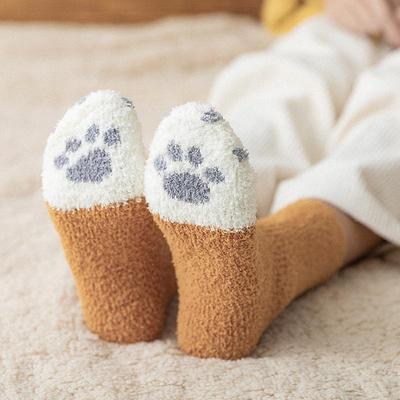 Cat Paw And Footprint Fluffy Socks With Girlish Style, Warm Coral Fleece Home Socks For Winter, Women'S Floor Socks For Sleeping, Soft And Cozy