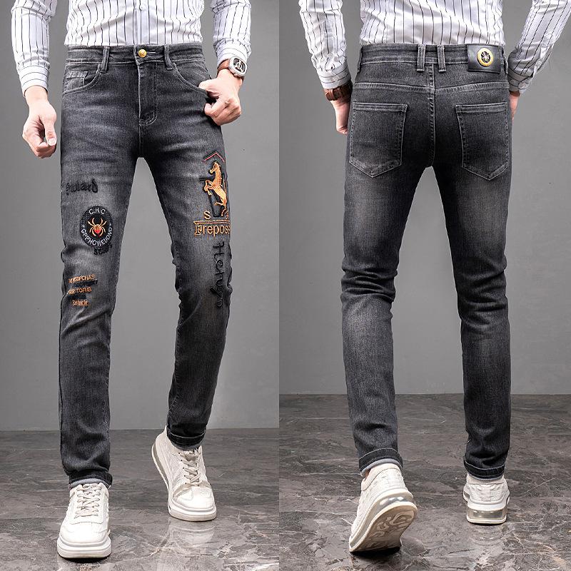 European And American Embroidered Trendy Brand Jeans Men'S Straight Tube Slim Fit Elastic Fashion High Quality Casual Cowboy Pants