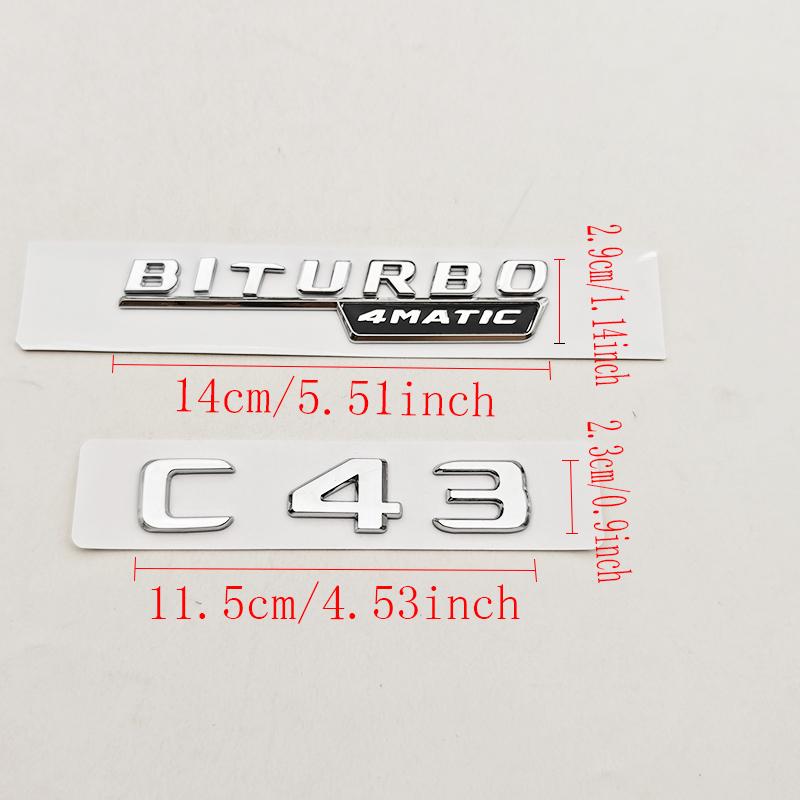 1pc 3D ABS C43 Logo Letters BITURBO 4MATIC Badge Car Rear Sticker Emblem For Mercedes Benz AMG W205 W206 Decorative Accessories