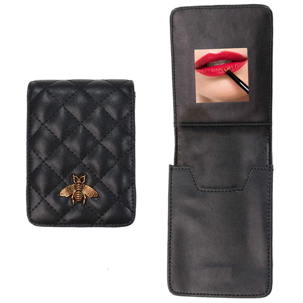 YOYIMONO Lipstick Case with Cosmetic Genuine Cowhide Mini Lipstick Makeup Pouch with Mirror Mirror, Pouch, Leather, Pouch, Storage, (Black)