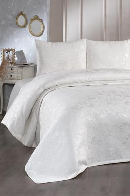 Slayka Double Size Bedspread Set, Coverlet 230x240 with Pillowcase, Chenille Fabric, for Full Bed, Cream